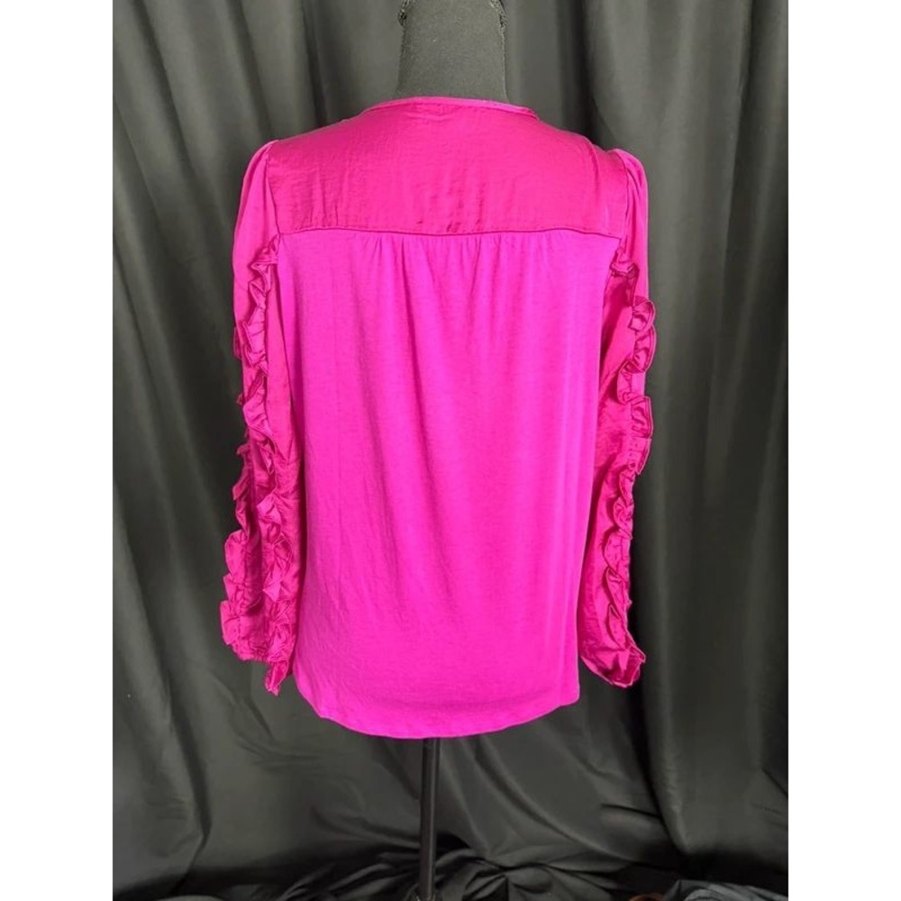 LOFT Women's XS Hot Pink Ruffle Sleeve Tie Neck Keyhole Blouse Long Sleeve - Picture 2 of 10